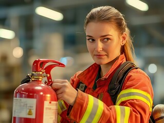 Female firefighter demonstrating the use of a fire extinguisher, fire station setting, safety training