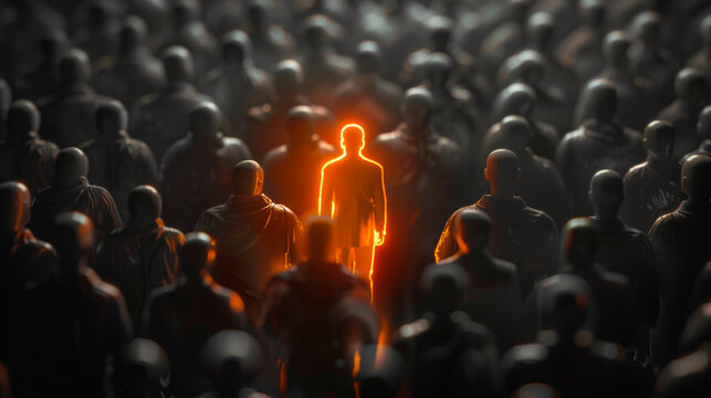 Single illuminated figure standing out among a crowd in a dark environment