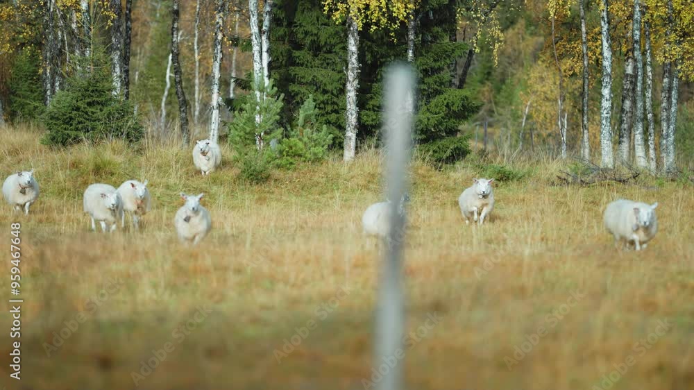 Poster a flock of sheep running along a serene autumn forest clearing stopping at the wire fence and lookin