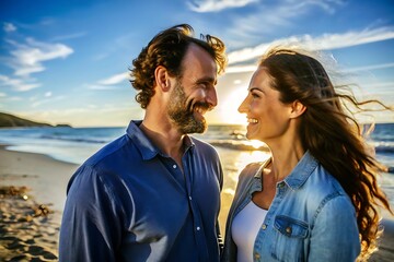 Couple In Love On The Beach At Sunset.