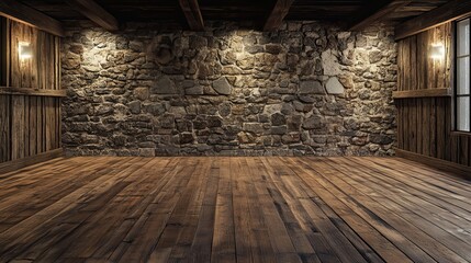 Rustic Interior with Stone Wall and Wood Floor