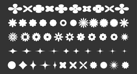 Big set of abstract geometric y2k shapes. Retro brutal elements, figures and forms in white colors on black background. Vector aesthetic
