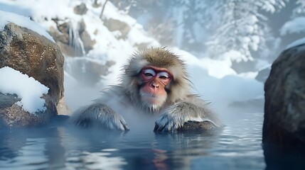 Obraz premium Playful Nagano Snow Monkeys Enjoying Natural Hot Springs in Snowy Mountains