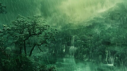 Fototapeta premium 07250736 124. An emerald green Asian landscape caught in a fierce downpour, with rain cascading down, trees bending under the wind, and the entire scene shrouded in the dramatic weather of a typhoon