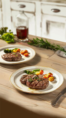 Gourmet Steak Dinner with Vegetables and Sauce on a Wooden Table