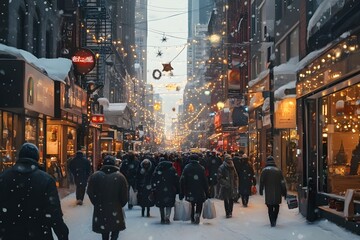 A city street lightly dusted with snow, with people bundled up in winter clothing and warm lights glowing from shop windows
