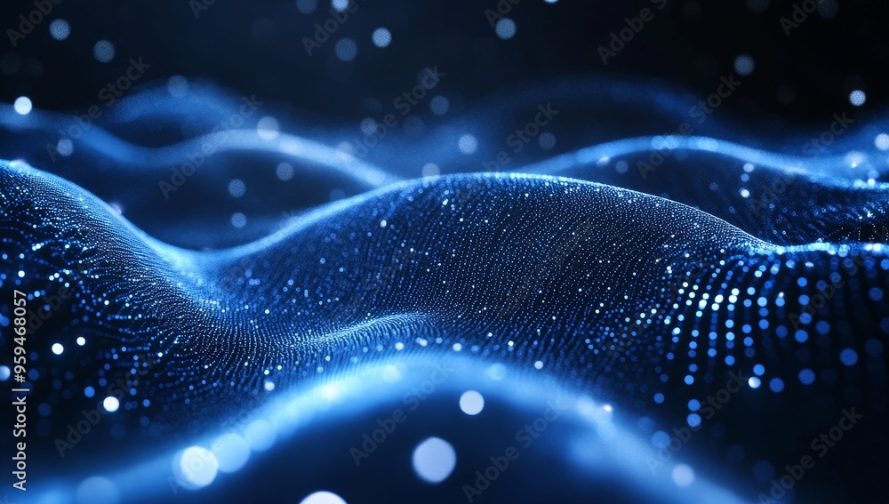Poster abstract blue digital wave with glowing particles, suitable for tech and futuristic concepts.