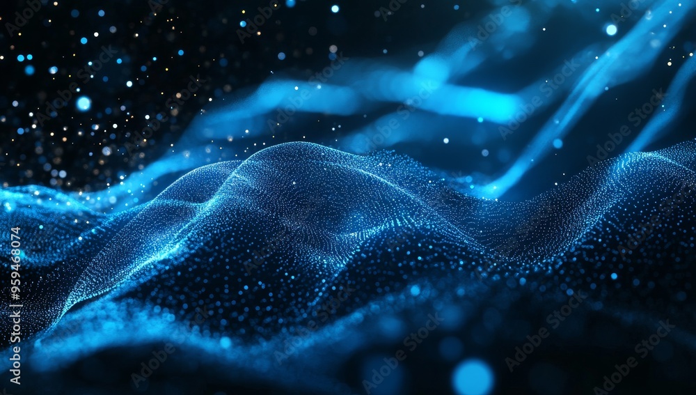 Poster abstract blue digital wave background with glowing particles.