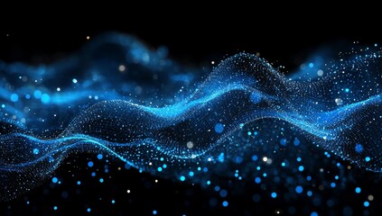 Abstract blue digital wave with glowing particles on a black background.