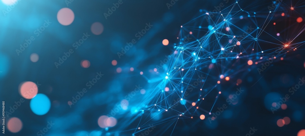 Poster Abstract digital network with glowing dots and lines on blue background.