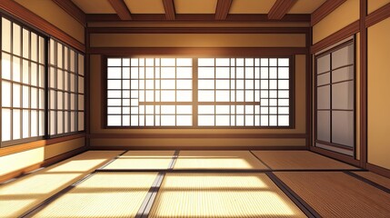 Obraz premium A Sunlit Japanese Room with Tatami Mats and Traditional Windows