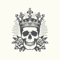 Fototapeta premium Vintage skull with crown and rose vector illustration