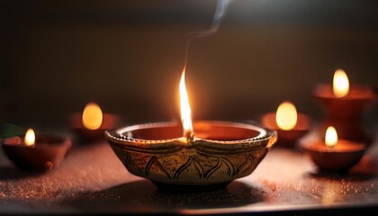 A row of lit diyas casting a warm glow