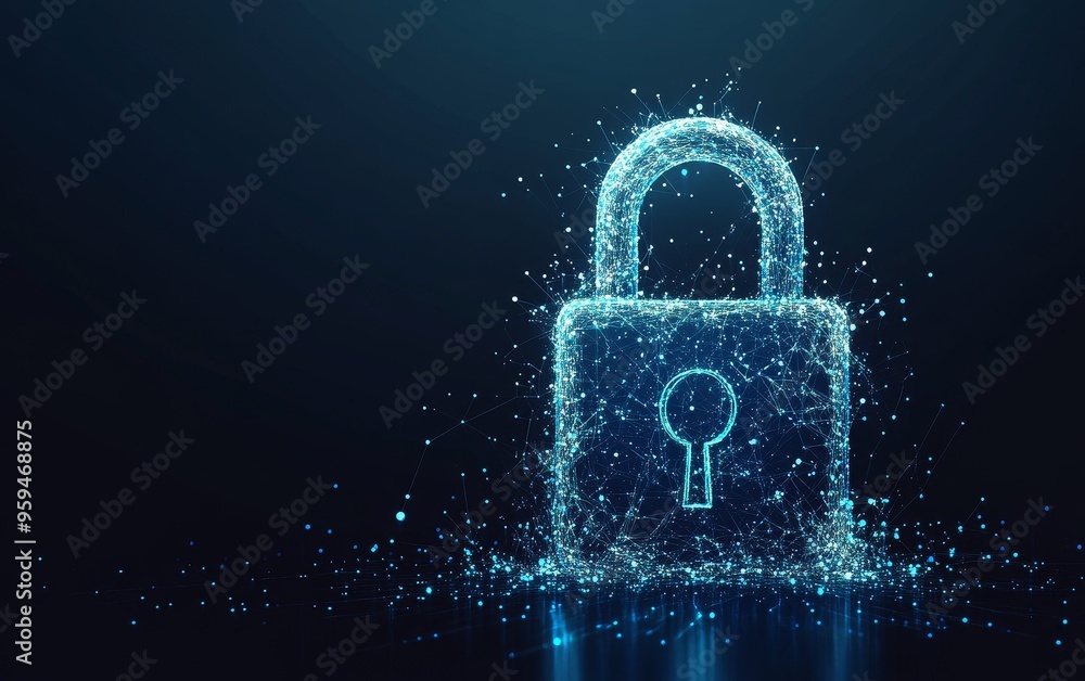 Poster A glowing blue padlock made of particles and lines on a dark blue background with a soft glow around it.