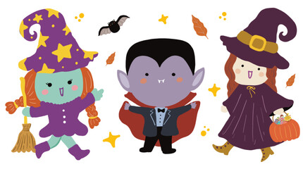 Halloween cute spooky charater costumes vector - vampire, ghost, witch, pumpkins, frankenstein
