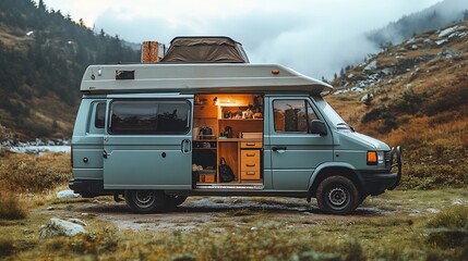 Van life adventures a wellequipped camper van parked in a scenic location surrounded by nature and minimalistic gear