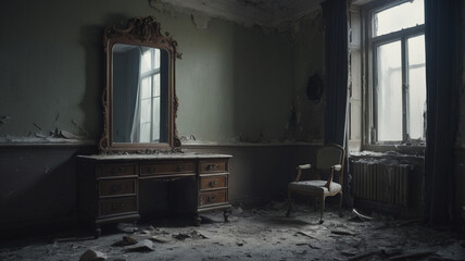 Obraz premium In a decrepit, abandoned house, a large, cracked mirror leans against a wall covered in peeling wallpaper. The mirror’s surface is dusty and tarnished, but in its reflection, a ghostly face appears,