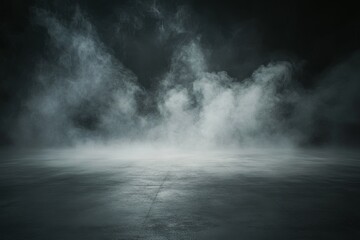 Abstract dark background with fog and concrete floor.