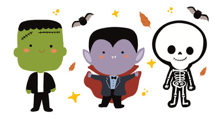 Halloween cute spooky charater costumes vector - vampire, ghost, witch, pumpkins, frankenstein