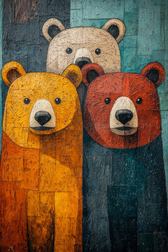 A colorful mural of three bears painted on a textured wall.