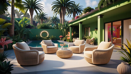 A serene backyard with plush armchairs, spaciously arranged in a minimal terraced courtyard surrounded by lush greenery, including slender palm trees on sofas, chairs, and tables.