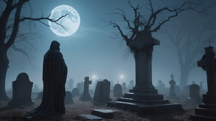 In a fog-filled cemetery under a full moon, a ghostly apparition begins to rise from an ancient, crumbling grave. The figure is translucent, with a faint blue glow surrounding it. Its tattered, 