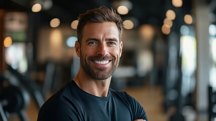 Obraz premium A man in a modern gym smiling at camera with bright lighting and sleek equipment