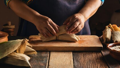 Hands carefully fold a tamale into its corn husk wrapper