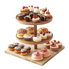 Delicious Pastry Assortment on Wooden Tiered Stand.