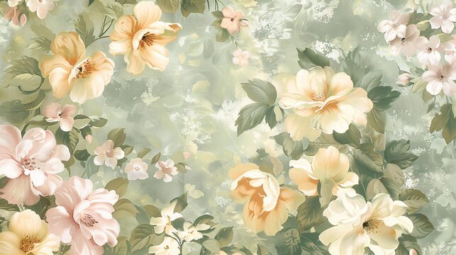 07250736 144. A charming wallpaper background featuring a mix of pastel-colored flowers, with petals in gentle tones of pink, cream, and pale yellow, intertwined with soft green leaves, creating a