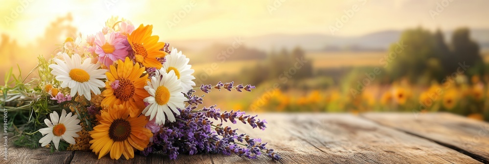 Poster A charming bouquet of colorful wildflowers is beautifully arranged on a rustic wooden table, illuminated by warm evening light. Generative AI