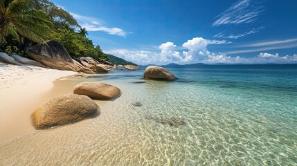 Tranquil Tropical Beach with Clear Water and Large Boulders