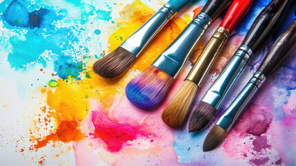 Fototapeta premium A vibrant array of paintbrushes lie atop a beautifully messy watercolor painting, full of vivid splashes and artistic inspiration.