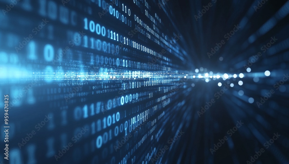 Fototapete Abstract digital background with binary code in blue and white, with a perspective that appears to recede into the distance.