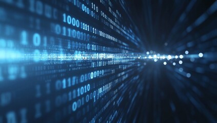 Abstract digital background with binary code in blue and white, with a perspective that appears to recede into the distance.