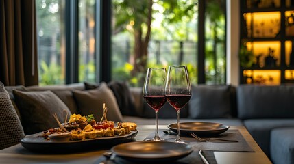Fototapeta premium A cozy lounge with wine glasses and tapas plates on a luxurious table