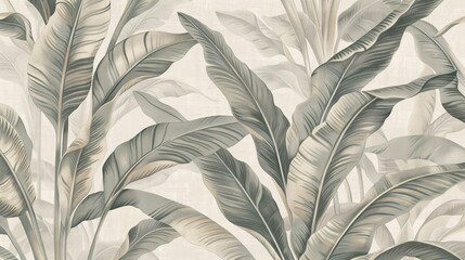 07250736 167. A refined wallpaper design showcasing a blend of tropical leaves in muted shades of grey, ivory, and sand; the subtle contrast of the neutral colors adds depth and texture to the