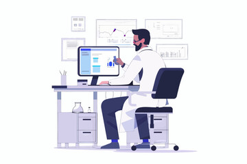 Scientist in lab coat working on computer