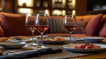 Obraz premium A cozy lounge with wine glasses and tapas plates on a luxurious table