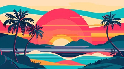 Obraz premium 07250736 171. A vibrant 2D flat design illustration depicting an abstract summer banner with beach vibes; features a retro 80s-style sunset with bold, colorful stripes and a tropical beach landscape,