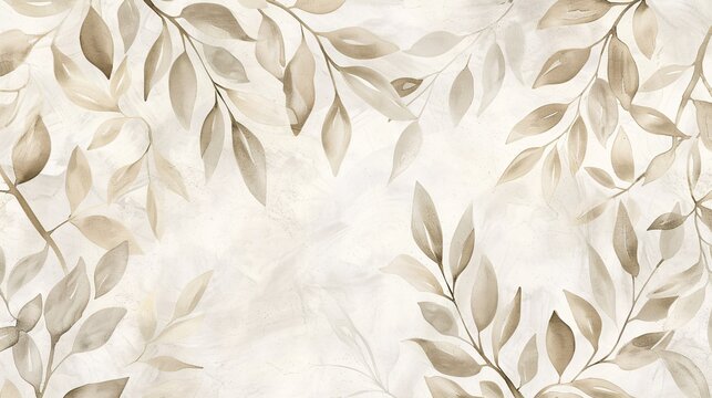 07250736 170. A minimalist tropical wallpaper featuring abstract leaves and branches in a harmonious palette of neutral colors, including light taupe, soft cream, and gentle ivory; the design is