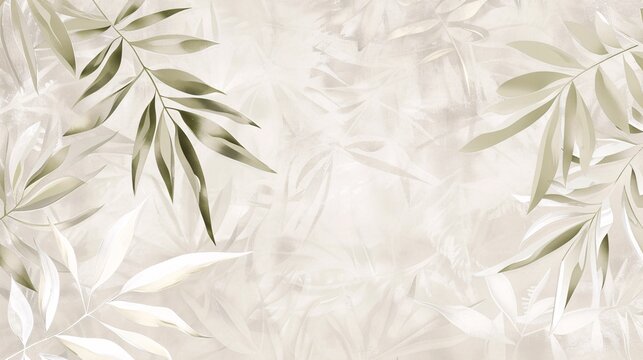 07250736 170. A minimalist tropical wallpaper featuring abstract leaves and branches in a harmonious palette of neutral colors, including light taupe, soft cream, and gentle ivory; the design is