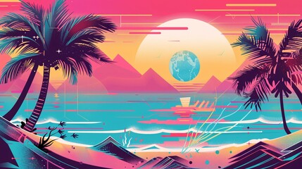 07250736 174. A stylish 2D flat design summer banner with a nostalgic 80s aesthetic; the scene includes a vibrant sunset over a tropical beach, complete with abstract palm trees, colorful geometric