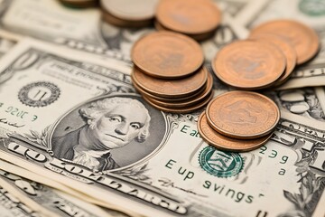 Close-up of US Dollar Bills with Copper Pennies