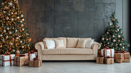 Cozy living room decorated with Christmas trees adorned with golden ornaments and gifts wrapped in brown and white paper under the tree.