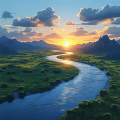 Spectacular Sunset Over a Winding River in a Mountainous Landscape