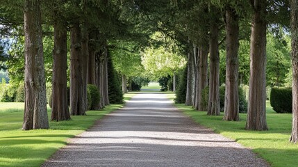 Obraz premium A Gravel Path Lined with Tall Trees in a Lush Green Park