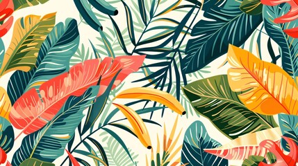 07250736 183. An abstract seamless pattern of tropical leaves and plants, including palm fronds and banana leaves; the design is cute and cartoon-like, evoking the feel of a Hawaiian forest with its