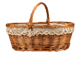 Wicker rattan basket for picnic isolated on transparent, collage