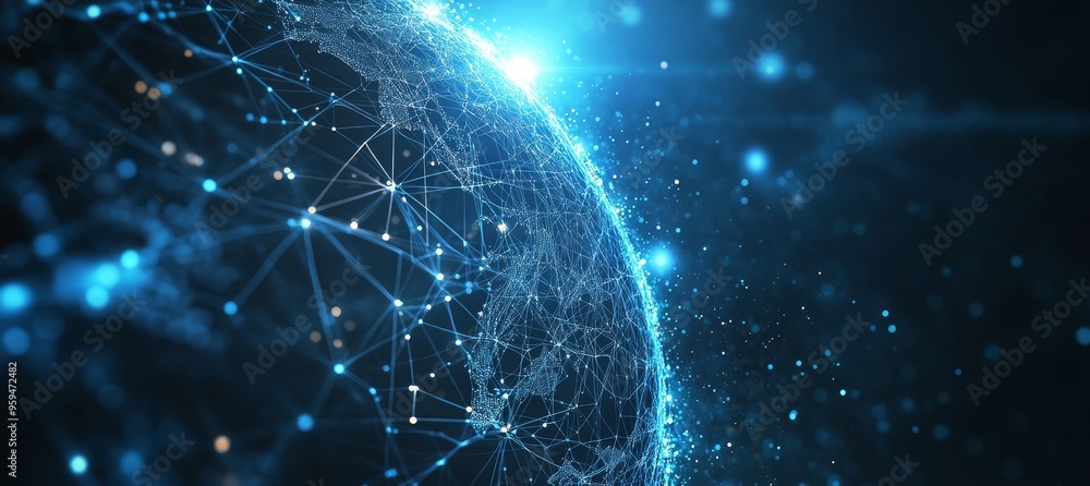 Poster abstract glowing digital globe with connected network lines.